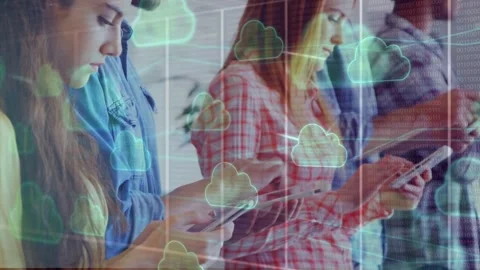 Team standing in tech office tapping phones and tablets, causing animated cloud Stock Footage 335281839