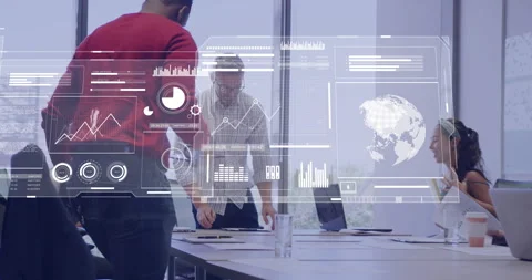 Team starting project at table with man placing folder while data overlay Stock Footage 315786291