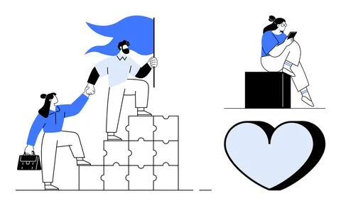 Team Support, Learning, and Success Symbolized by Puzzle Blocks, Flag, and .. Illustrazione stock