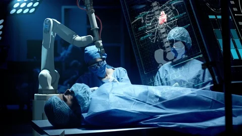 Team of surgeons perform a delicate operation using medical surgical robot Vídeo Stock 120475476