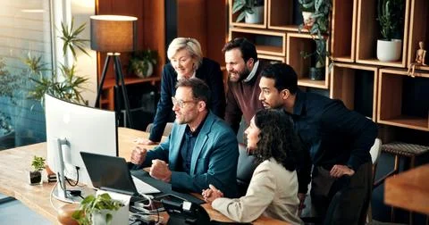 Team, suspense and people with computer in business, hope or anticipation for Stock Photos