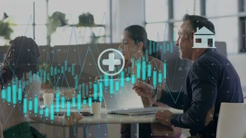 Team at table, man leaning and pointing, handing docs while charts and icons Stock Footage 334744051