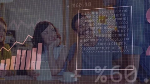 Team at table watching translucent UI appearing, growing marketing charts for Stock Footage 334768586