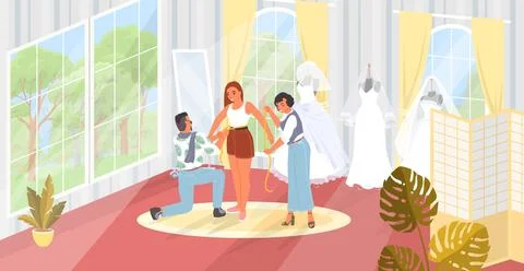 Team of tailor master taking measure of pretty bride for wedding dress Stock Illustration