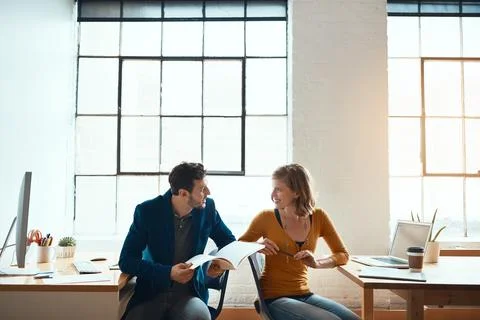 Team, talking and people with document, office and planning for article wit.. Stock Photos