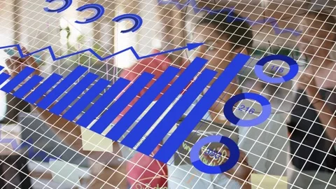 Team tapping clear board, bringing up blue bar charts and rotating pie chart for Stock Footage 333817497