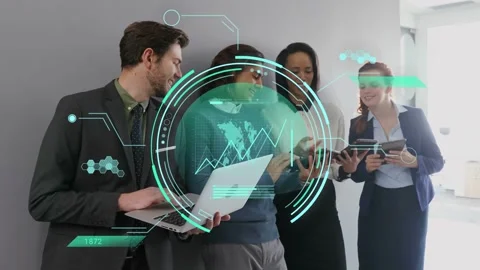 Team tapping devices and initiating rotating AR dashboard showing world map and Stock Footage 334013948