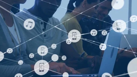 Team tapping devices phone icon appearing expanding network of music and cell Stock-Footage 331872721