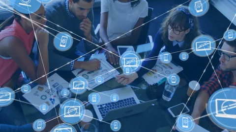 Team tapping laptop generating node animations on charts to visualize Video stock 309686887