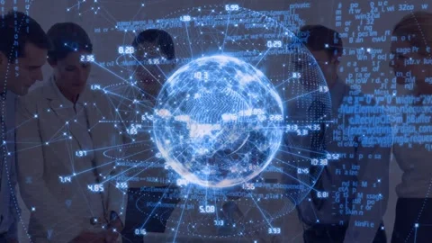 Team tapping laptop leaning over table studying hologram globe projecting data Stock Footage 332936836