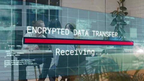 Team tapping laptop, starting encrypted data transfer HUD with red progress bar Stock Footage 333925115
