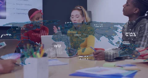 Team tapping laptop trackpad and reviewing data while fading world map overlay Stock-Footage 314148257