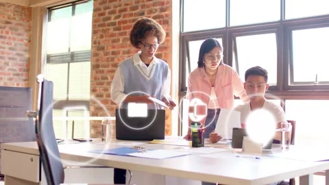 Team tapping tablet, adjusting printout, floating envelope folder pin icons Stock Footage 333256044