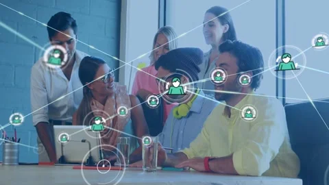 Team tapping tablet and leaning, network overlay nodes appearing, expanding, Stock Footage 332577508