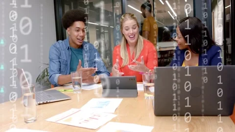 Team tapping tablet and reviewing data in business, binary digits node icons Video stock 333494232