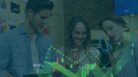 Team tapping tablet, reviewing finance charts on laptop for decision as green Stock Footage 333509818