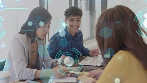 Team tapping tablet, sharing notes and pointing, animated overlay linking data Stock Footage 333169672