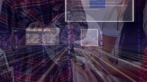 Team tapping tablets and phones in office, causing globe and binary streams Stock Footage 334788945