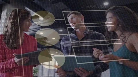 Team tapping tablets in office, UI overlays appearing, stacking over devices and Stock Footage 334743963