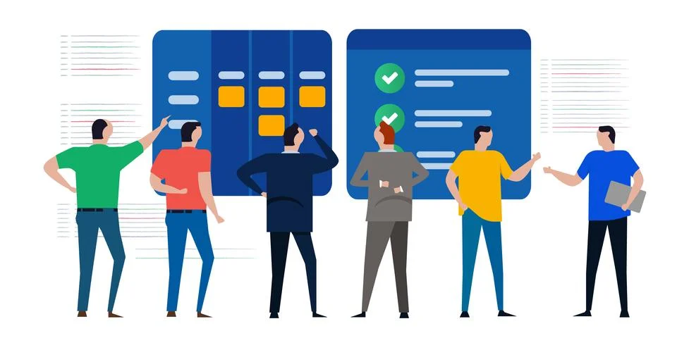 Team task board to do list post it notes check mark project meeting Stock Illustration