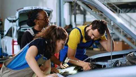 Team of technicians fixing car Stock Photos