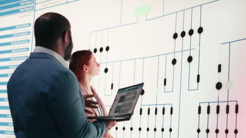 Team of technicians review PCB layout, using laptop to project it on screen Stock Footage 330031236