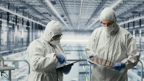 Team of technicians in silicon wafer production facility innovate components Stock Footage 333378336