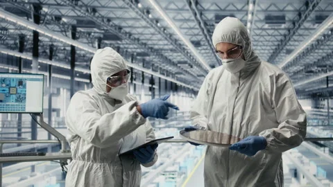 Team of technicians in silicon wafer production facility innovate components Stock Footage 333382374