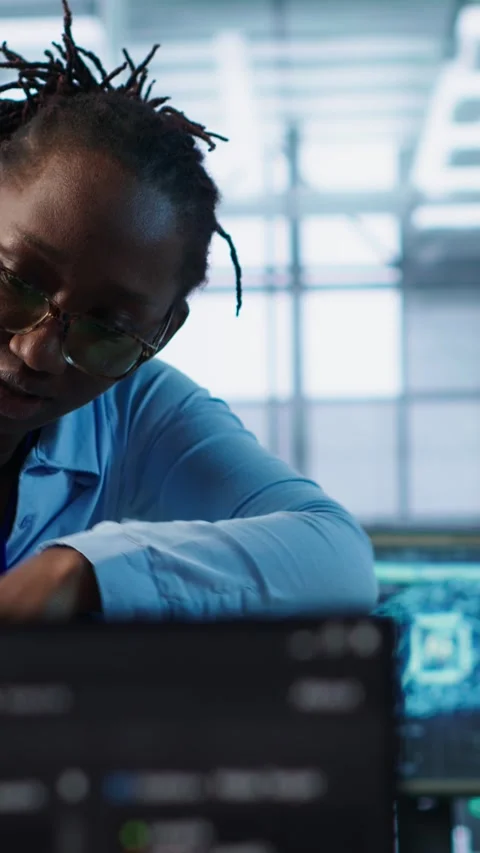 Team of technicians using PC to check for system failures in data center Stock Footage 319559894
