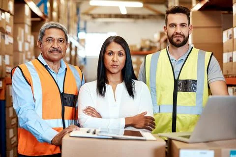 Team, technology and portrait in logistics warehouse for storage, supply ch.. Stock Photos