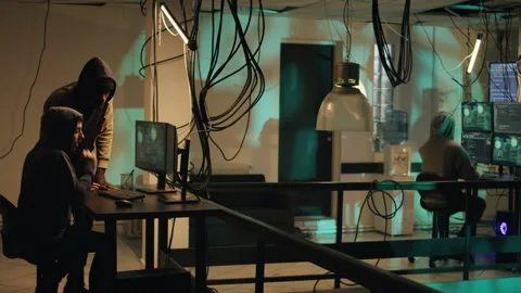 Team of thieves committing cryptojacking or illegal activities on computer Video stock 228888120