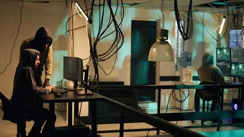 Team of thieves committing cryptojacking or illegal activities on computer Stock Photos