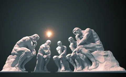 Team of thinkers and one of them has a glowing light bulb above his head as a 스톡 일러스트