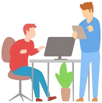 Team thinking and brainstorming. Analytics of company information. Colleagues at Stock Illustration