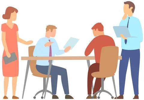Team thinking and brainstorming. Analytics of company information. Colleagues at Stock Illustration