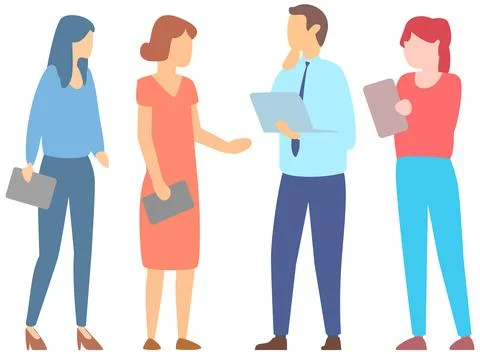 Team thinking and brainstorming. Analytics of company information. Colleagues at Stock Illustration