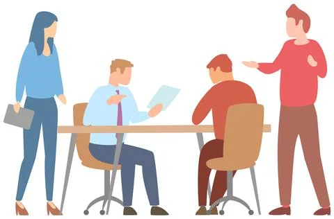 Team thinking and brainstorming. Analytics of company information. Colleagues at Stock Illustration