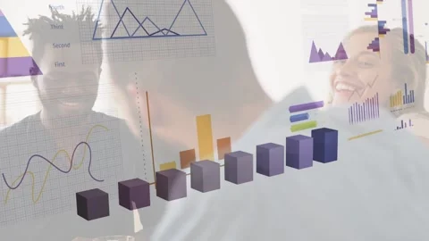 Team of three chatting in meeting, chat launching overlay 3D bars rising showing Stock Footage 334768364