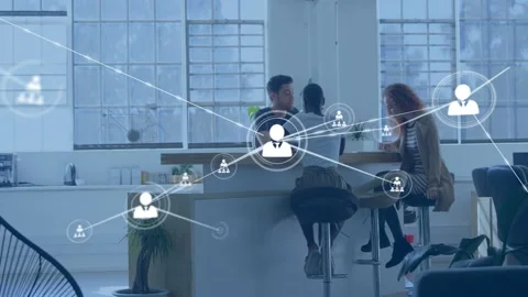 Team of three at counter, node appearing over group, growing lines spreading, Video stock 332566605