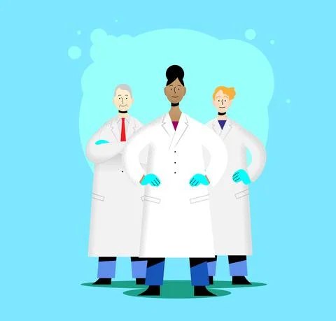 Team of three doctors in white lab coats Stock Illustration