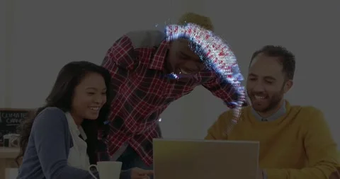 Team of three leaning over laptop while software launching red-blue globe, Stock Footage 331198179