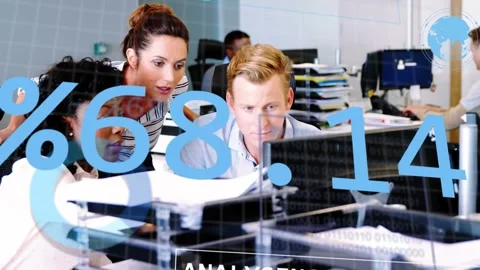Team of three receiving data update, leaning over monitor and reviewing animated Stock Footage 332625707