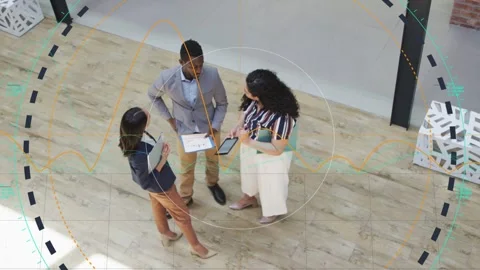 Team of three sharing paper, tablet, man pointing starting data overlay Stock Footage 333351362