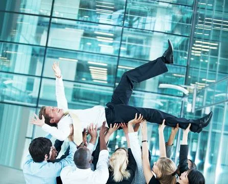 Team throwing and support with business man in office for winner, promotion.. Stock Photos