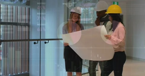 Team tilting architectural plan near glass railing overlays appearing Stock Footage 330959804