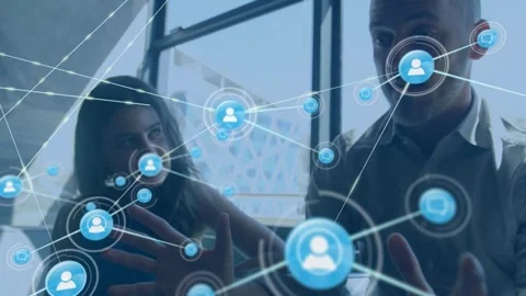 Team tracing expanding blue node network after user-icon appearing, driving Stock Footage 329786417