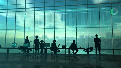A team of traders in front of infographics Stock Footage 96393596