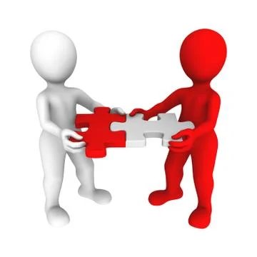 Team of two 3d people put a puzzle together Stock Illustration