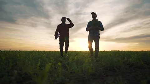 Team of two farmer men walks. Boots press grass. Laptop under arm. Farmer starts Stock Footage 346946868