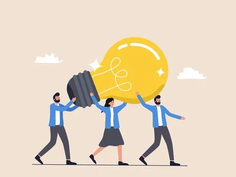 Team of Two Men and One Woman Holding a Large Light Bulb Stock Illustration